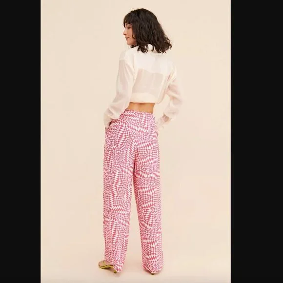 Charlie Holiday Addison Pink & White Wavy Checkered Printed Pants 4 - Picture 3 of 8